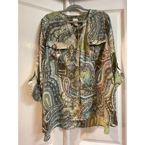 Chico's Paisley Tunic Shirt Womens‎ Size 3 Drawstring Front Pockets Multicolor